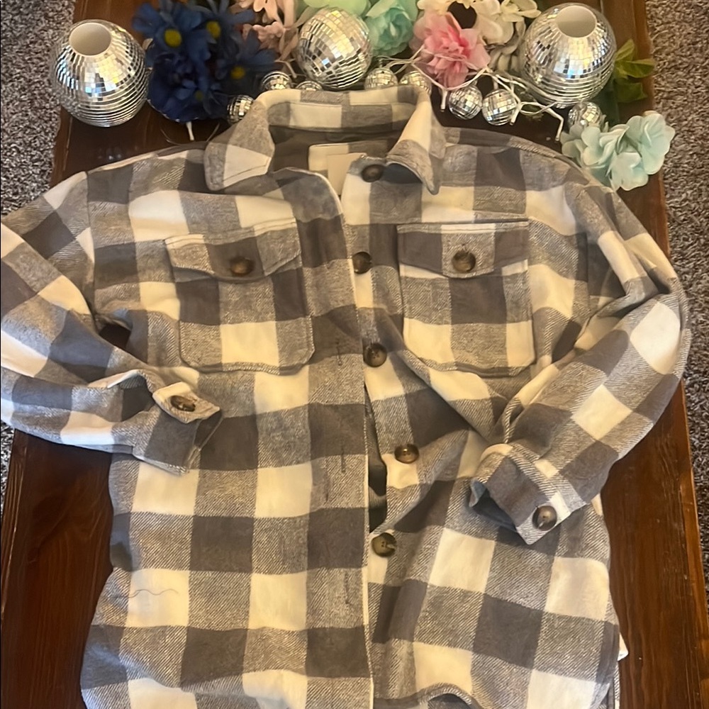 Gray and White Plaid Button-Up Jacket